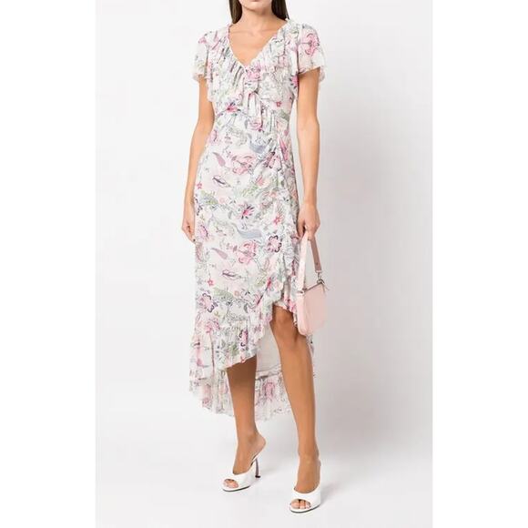CINQ À SEPT Sheila Floral Ruffle-trim Midi Dress In Weiss - Picture 1 of 4
